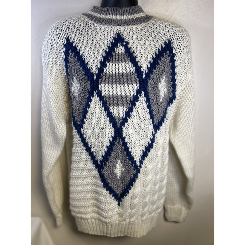 VINTAGE MEN'S WHITE ARGYLIC CHUNKY KNIT SWEATER FORUM SIZE L *flaw Made In USA